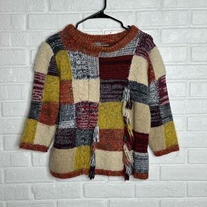 Artisan de Luxe Boho Fringe Patchwork Sweater Colorful Wool Blend size Medium